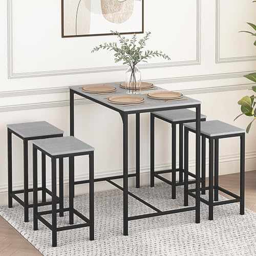 anrekl Tavolo da pranzo e sedia, tavolo da bar con 4 sedie, bancone da bar, struttura in acciaio, design industriale, tavolo da bar 100 x 60 x 90 cm, sedia da bar 30 x 40 x 65 cm, grigio cemento