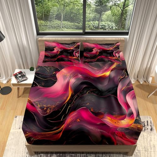 Spannbettlaken 140x200cm Marmoraquarell rot Spannbetttuch Boxspringbett Weiches Microfaser, Bis 30cm Matratzenhöhe, Elastisches Matratzenschoner für Boxspringbett & Wasserbett