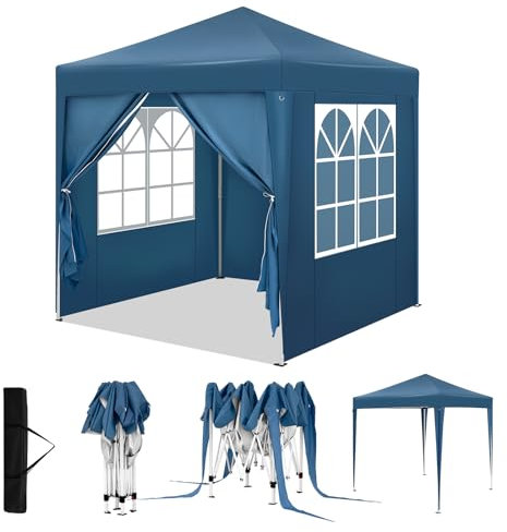 WOLTU Pabellón de Jardín Cenador Plegable Pérgola con Techo Carpa para Exteriores de Tela Oxford, 2x2 m, con Paredes Laterales Altura Ajustable para Camping y Playa, Azul