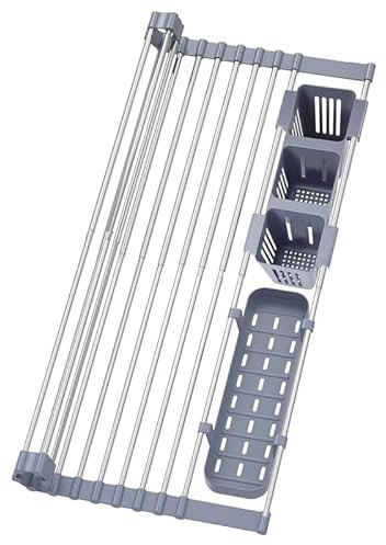 Qivine Scolapiatti da Appoggio Per Lavello Espandibile 32-58cm Porta Spugne Lavello Cucina Con Cestello di Drenaggio Gocciolatoio Per Pieghevole Per Porta Spugne Porta Stracci