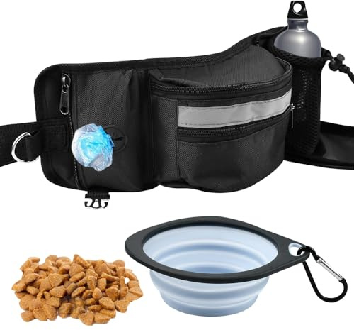 XRPRPX Porta Premietti per Cani 4 in 1 Borsa Addestramento Cane Regolabile Sacchetto di Addestramento per Cane con Ciotola Pieghevole per Animali Domestici per Cibo Cani, Bottiglie d'Acqua(Nero)
