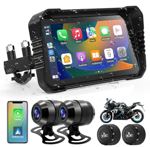 Liwogi Carplay Dual Dash Cam per Moto Wireless Motorrad Navigazione GPS Automatica 6.25 Pollici con Funzione di Avviso Cieco, Pressione Pneumatici, Registrazione in Loop(Upgrade)