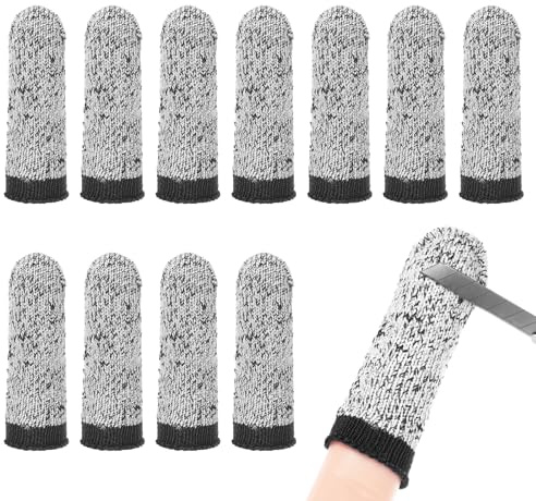 M METERXITY 12-Pack Finger Cots Cut Resistant, Reusable Finger Sleeve Protectors for Sculpture/Kitchen/Garden, HPPE Fiber Thumb Finger Guards Covers [2.8, Grey Black]