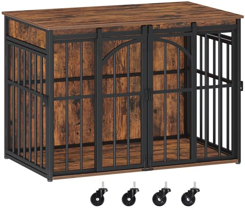 Hzuaneri Gabbia per cani con ruote girevoli a 360°, L box con porta scorrevole, moderna gabbia per cani in legno per cani di piccola e media taglia per interni, vintage marrone DFC86201B