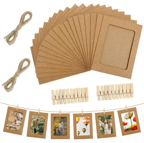 20Pcs Paper Photo Frames, 4x6 Inch DIY Photo Hanging Kit with Wooden Clips and Paper String Hanging Photoes Display Banner Creative Linkage Mounted Cardboard for Home Office Wedding and Party Decor
