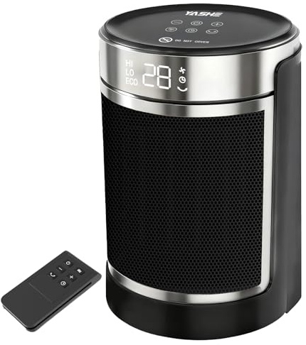 YASHE Heizlüfter 1500W/750W, 34 dB leise, PTC-Keramik, Thermostat 5–36 °C (±1°), 70° Oszillation, 24 h Timer, ECO/HI/LOW/FAN, Fernbedienung, Kippschutz, Überhitzungsschutz, V0, für Schlafzimmer