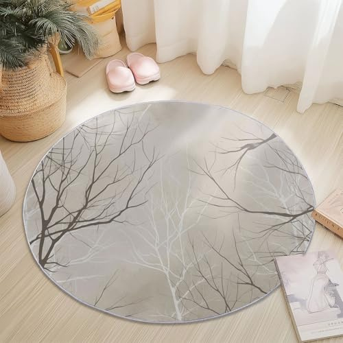 Tappeto Rotondo 80 cm Tappeti Astratto Piante Minimalismo Rami Tema Antiscivolo Lavabile in Lavatrice Tondo Pelo Corto Tapette Salotto Camera da Letto Soggiorno Scendiletto Ufficio, Beige Grigio