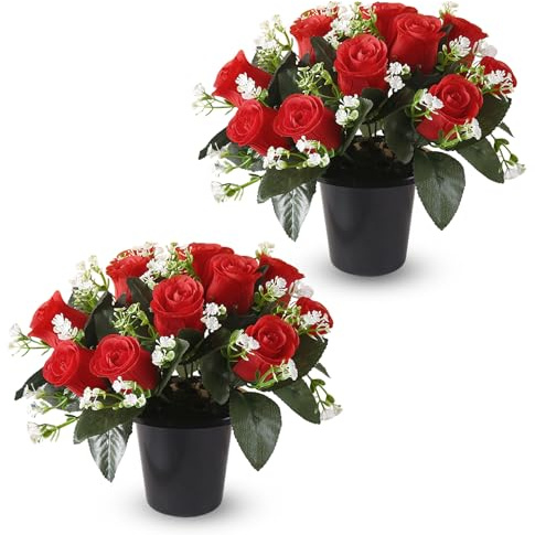 Zyluniy Konstgjorda krukor för gravblommor 2 stycken rosor silke konstgjorda blommor konstgjorda växter, konstgjorda växter utomhus gravprydnad, falska blommor konstgjorda blommor grav för gravplatser