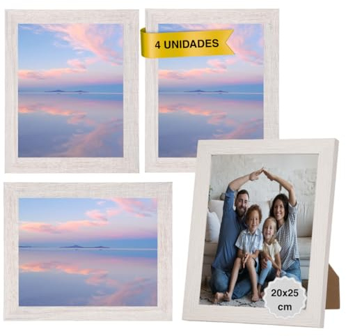 MARCOFOTO Marco de Fotos para Pared - Set de 4 Portafotos MDF con Cristal, uso vertical u horizontal - Decoración hogar u oficina, diplomas - Color Blanco Rústico 20x25 cm