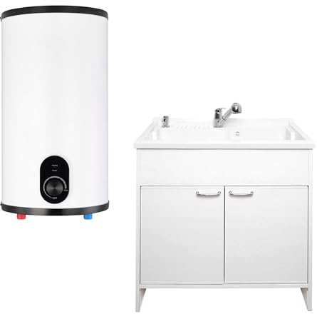 SIGO – genomströmningsvärmare-set, elektronisk kompakt boiler med badrumsskåp, handfatarmatur och dispenser, kontor, verkstad, fritidshus, butik, serviceutrymmen – 10 l