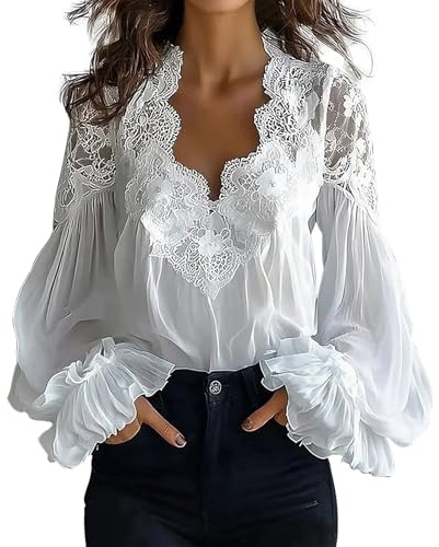 Chemisier Femme Chic et Élégant Blouse Col V à Volants Chemise Manches Longues en Dentelle Manches Bouffantes Haut Tops Plissé Décontracté Couleur Unie Ample Tunique Respirant T Shirts