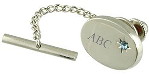 Plata Pin de corbata Tack azul aguamarina cristal grabado personalizado en caja