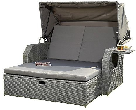 Melko Sonnenbett Outdoor mit faltbarem Dach wetterfest Strandkorb Lounge Muschel Polyrattan | klappbarer Seitentisch | verstellerbare Rückenlehne |