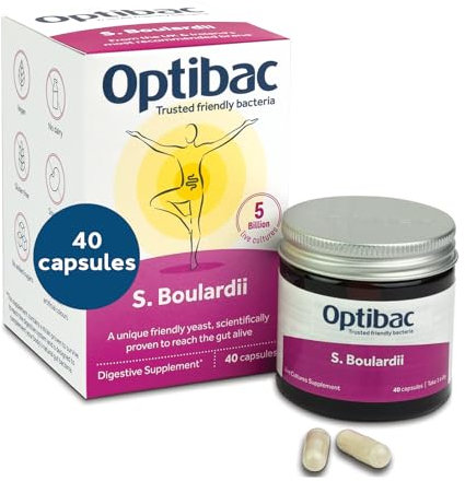 Optibac Probiotics Saccharomyces Boulardii - Vegan Digestive Probiotic Supplement with 5 Billion Live Cultures - Most Recommended Brand - 40 Capsules