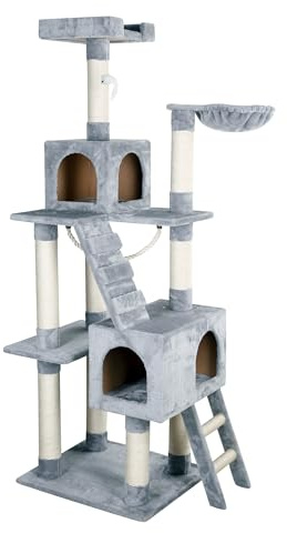 Kerbl Pet Kratzbaum Square, Katzenbaum, hellgrau, 84x50x178cm, Holz, Plüsch, Sisal, Katzen, inkl. Spielseil und Spielmaus