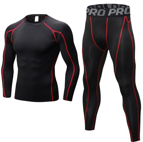 LANBAOSI Men's Gym Running Base Layer Top and Leggings Set Long Sleeve Compression Shirt Tights Thermal Underwear Suit, Blk Red, L