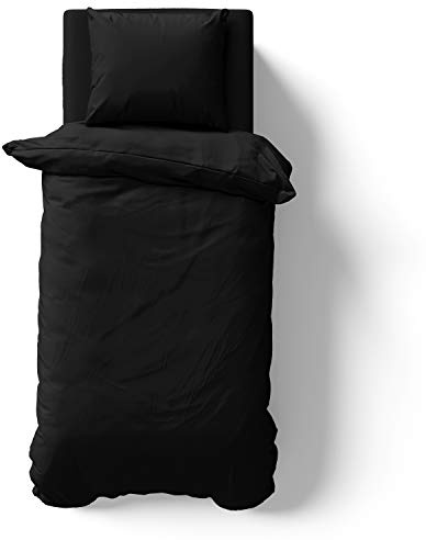 Alreya Set Copripiumino Singolo in Raso 100% Cotone - 155 x 220 cm Nero - Biancheria da Letto, Sacco per Piumino Singolo con set di 1 federa 80 x 80 cm con cerniera