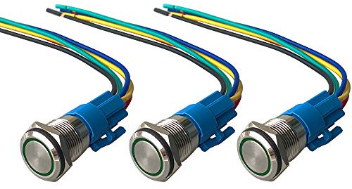 QitinDasen 3Pcs Premium 12V / 24V 5A Interruttore a Pulsante Momentaneo, 16mm Interruttore a Pulsante in Metallo con LED Verde, Interruttore Avviamento Auto in Acciaio Inossidabile impermeabile