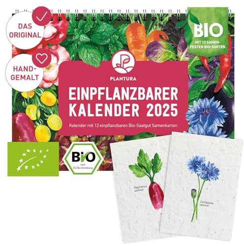 Plantura Einpflanzbarer Kalender 2025, A5-Format, Bio-Saatgut-Kalender mit 12 Samenkarten zum Einpflanzen