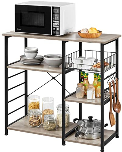 Yaheetech Kitchen Baker's Rack, Microwave Oven Storage Rack with Metal Mesh Basket and 6 S-Hooks, Utility Storage Shelf Coffee Bar Station, 90 x 39 x 84cm, Grey