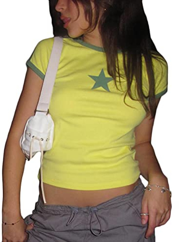 ORANDESIGNE Crop Top Femme Fille Moulant Tops Court Blouse Stretch Manche Courte Imprimé Hip Hop E-Girl Col Rond T-Shirt Ajusté Chemisier Eté Mode Chic Hauts Femme Y2K P Jaune S