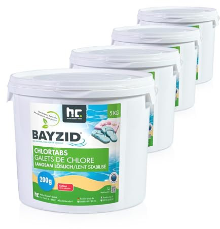 BAYZID® Galets de Chlore Lent 200g – Traitement Piscine et Bassin – Haute Teneur en Chlore (90%) – 4 x 5 kg 200g