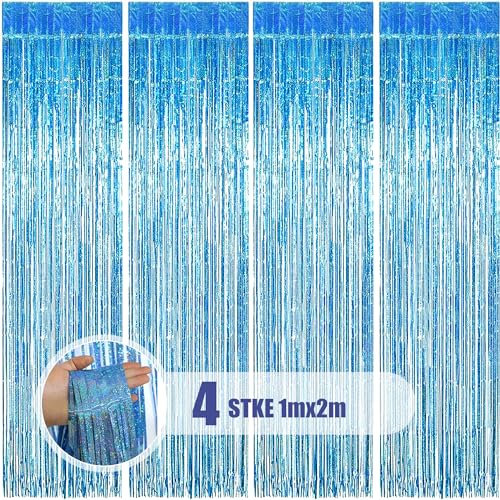 DEUXYU Lametta Vorhang Blau, 4 STK 1x2m Funkeln Metallische Lametta Vorhang, Folienfransen Vorhang zum deko Party, Geburtstage, Disc