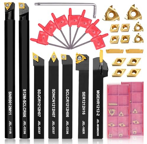 28 Pezzi Utensili Tornio per Metallo 12mm Multifunzione Duro Inserti Titolari Bar Alesatore con Chiavi per Supporto dell'Utensile con Inserti in Carburo Lama (7+2)