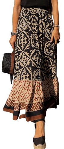 JENJON Mujer Falda Larga Estampada Casual Cintura Alta elástica Boho Floral Tubo Falda de Verano Vestidos de Playa B-Negro XL