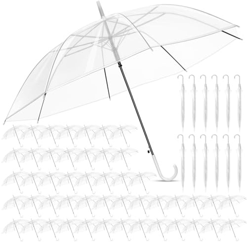 Hestya 60 Pack 37.4 Inch Clear Umbrellas for Wedding White Transparent Umbrella Dome See Through Windproof Handle Semi Automatic for Woman Men Bride Bridesmaid Party