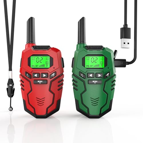 Inspireyes Walkie Talkie Niños Recargable, 48 Horas de Tiempo de Trabajo, 3 kilómetros de Largo Alcance, Regalos de Cumpleaños, Juguetes al Aire Libre para niños de 3 a 12 años, Paquete de 2