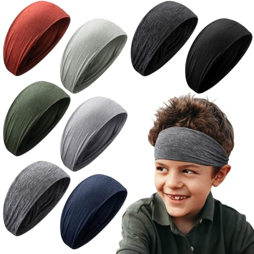 Haull 8 Pcs Sweatbands for Kids Boys Headbands Athletic Baseball Football Headbands Breathable Elastic for Sports Exercise (Casual Style)