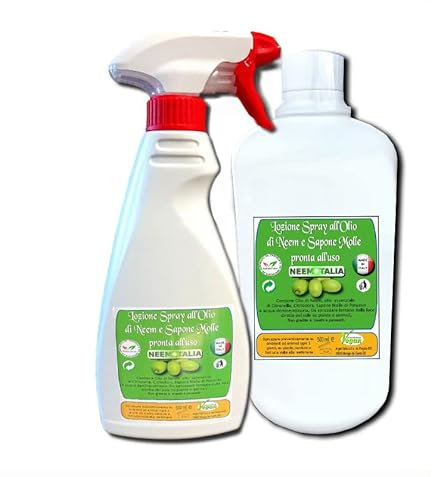 OLIO DI NEEM SPRAY CON SAPONE MOLLE DI POTASSIO PRONTO ALL'USO 500 ML + 1000 ML DI RICARICA BIOLOGICO