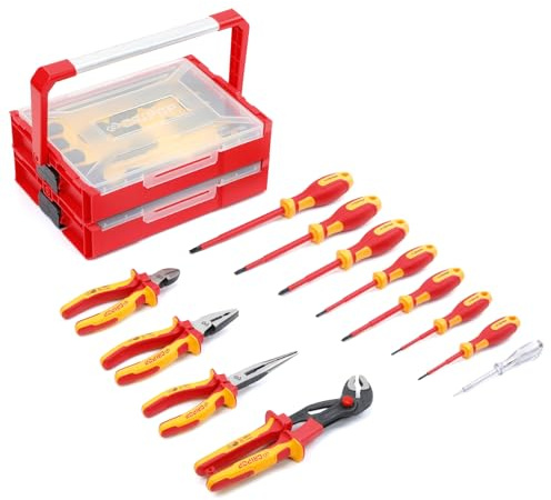 CRIPOP 12 PCS Insulated Electrical Screwdrivers&Pliers Set - 1000V VDE Tested & GS Certified - Includes Voltage Tester, 4 Phillips&3 Slotted Screwdrivers, 4 Insulated Pliers and 2 Stackable Tool Box
