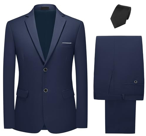 KUDMOL Mens Suits 2 Piece Classical Two Buttons Business Suit Blazer Trousers Set with Black Tie（Navy,2XL）