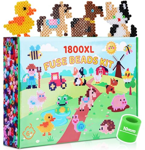VynyQoo 10mm Fuse Beads Kit, 1800 XL Iron Beads in 13 Colors with Pegboards, 15 Patterns, 15 Ironing Papers, 10 Straps, 5 Bead Chains, 5 Keyrings, 8 Fridge Magnets, Ideal for DIY Crafts & Gifts