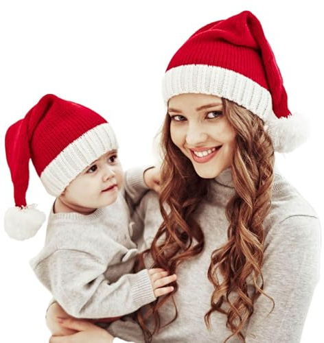 BIOECEUA Santa Hats Family, Parent Child Matching Christmas Knitted Pom Beanie, Winter Warmer Crochet Cap for Mother Baby