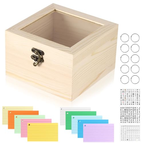 Tryora Juego de cajas para tarjetas, caja de recetas de madera, 5 x 3, soporte para tarjetas con 500 fichas de colores, tarjetas de aprendizaje, notas de recetas, contactos de oficina, bandeja para