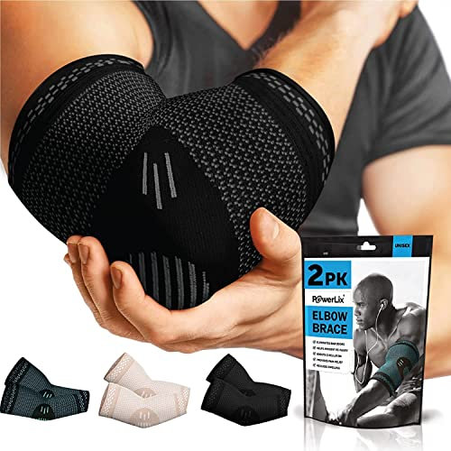 POWERLIX Gomitiera per Uomini/Donne (2 Pezzi) Supporto con Compressione per il Braccio per Tendinite, Gomito del Tennista/Golfista, Supporta le Maniche per la Protezione Durante lo Sport, Nero, S
