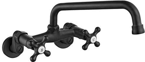 gotonovo Wall Mount Kitchen Sink Faucet Double Cross Handle Commercial Faucet 6 Inch Center Hole Distance Spread Mixer Tap 360 Rotatable Spout 8 Inch Spout Reach Matte Black