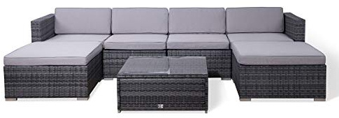 EVRE Nevada Rattan Garden Furniture Set, 6 Seater Modular Corner Sofa with Coffee Table, 2 Footstools & Cushions, Outdoor Garden Sofa Set for Patio, Conservatory & Balcony(Mixed Grey).