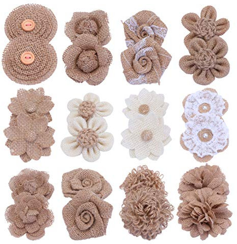 Jute-Blumen, handgefertigt, natürliche Sackleinen-Rosen, Schleifen, DIY, Jute- für rustikale Hochzeit, Dekoration und Basteln, 24 Stück