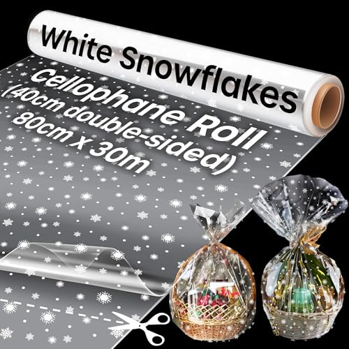 Papel Celofan Transparente (80cm x 30m) - 1 Rollo Papel Celofan Patrón Copos de Nieve,Papel Transparente para Envolver Regalos, Ramos de flores, Canastas de Frutas, Repostería y Navidad Regalos