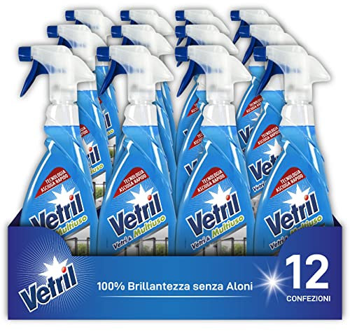 Vetril - Detergente Spray Vetri e Multiuso con Ammoniaca, Azione Sgrassante e Tecnologia Asciuga Rapido, in Ecoflacone, 650 ml x 12 pezzi