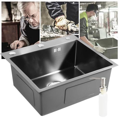 Lavello da incasso in acciaio inox, Lavabo Incasso, Lavabo Sottopiano, 50 x 45 cm, colore nero, con dispenser di sapone, piano UE