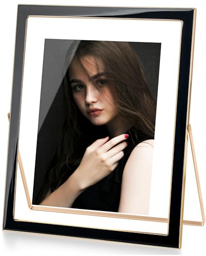 Axeman 8x10 Gold Floating Frame Black Enamel Picture Frame with Metal Edge for 6x8, 5x7 up to 8x10 Photo Double Glass Floating Picture Frame for Desk Tabletop Shelf Vertical Display
