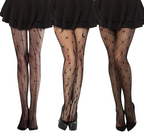 Halloween nätstrumpor 3 par nätstrumpbyxor svart halloween hjärtan stjärnor måne och korsmönster strumpbyxor nätstrumpbyxor, halloween kostym accessoarer de dödas dag festival karneval strumpor,