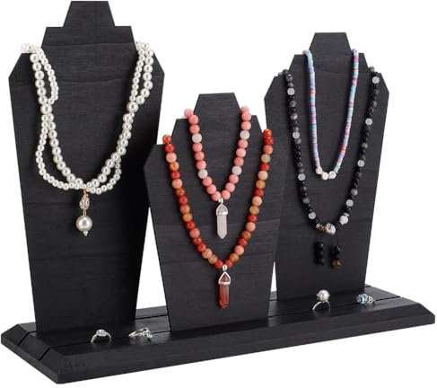PH PandaHall Wooden Necklace Display Stand, 3-Row Bust Easel Jewelry Display Jewelry Holder Organizer with 3 Panels Necklace Storage Holder for Necklace Showing, Home, Selling, Vendors, Black