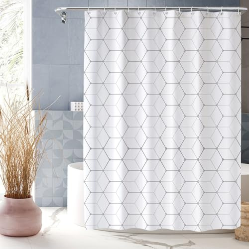 Badrumsgardiner Dusch Vattentät 150 x 155 cm Viktad Fåll, Snabbtorkande, Slitstark, Bpa-Fri, Med Krokar Långt Mögelskyddat Duschdraperi, vit hexagon