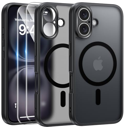 FLLAO Funda para iPhone 16, Compatible MagSafe, con 2 Piezas Protector de Pantalla Cristal Templado, [Protección de Cámara] Magnética Carcasa Translúcida Mate Trasera Fina Antigolpes, Negro